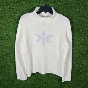 Vintage St Johns Bay White‎ Snowflake Turtleneck Sweater Large 90's